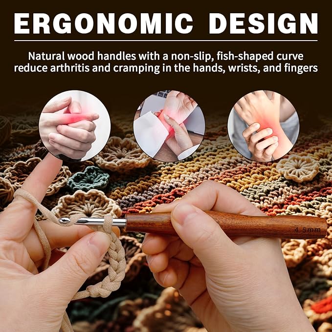 Nitlak 5 Pcs Crochet Hook, 5 Size Aluminum Ergonomic Crochet Hook with Wooden Handle for Arthritic Hands, Beginners, Crochet Needles for Knitting (1.5mm/2.5cm/3.5mm/4.5mm/5.5mm)