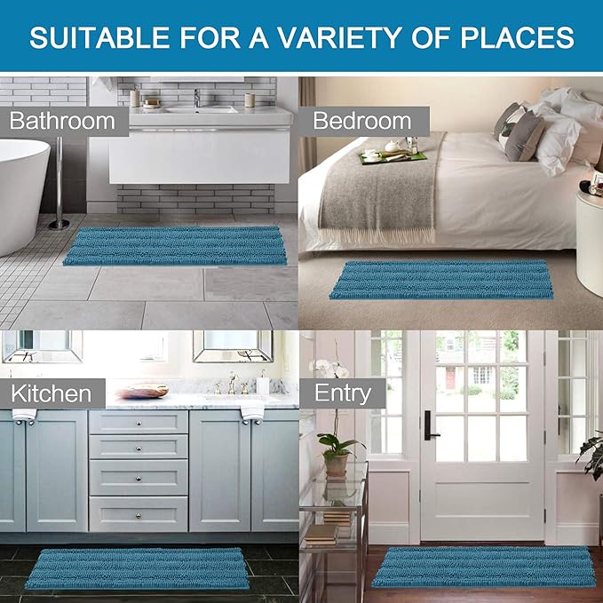 H.VERSAILTEX Bath Rugs for Bathroom Non Slip Bath Mats Extra Thick Chenille Striped Bath Rug Runners 47" x 17" Absorbent Fluffy Soft Shaggy Mats Plush Area Carpet for Bath Room - Turquoise Blue
