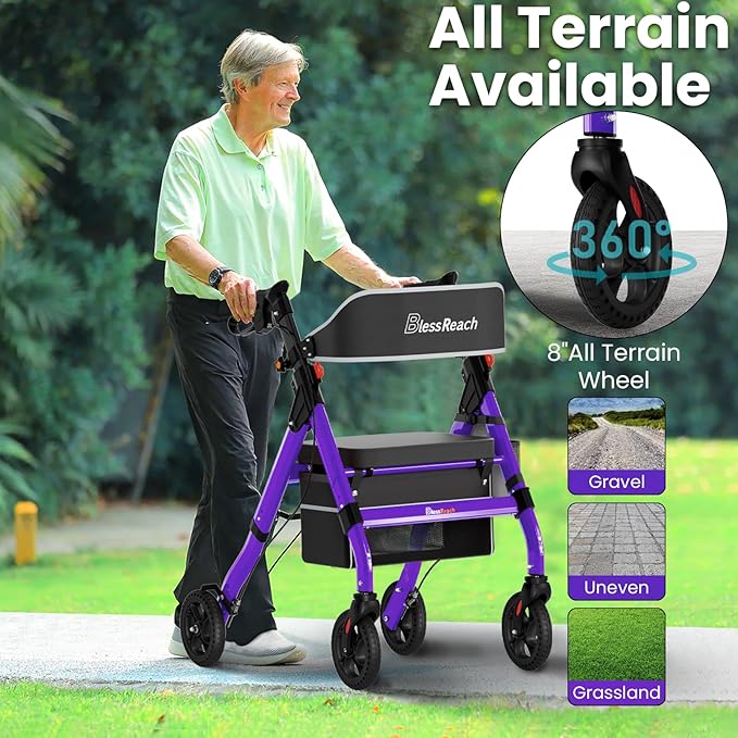 Foldable Rollator Walkers with Seat for Seniors, 450 lb Capacity, 8'' Wheels, 18" Big Seat, 6-Position Adjustable Height, Heavy-Duty Aluminum Rolling Walker (Purple)