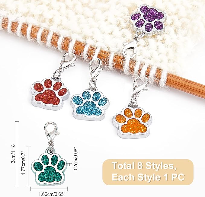 NBEADS 8-Piece Dog Paw Stitch Markers, 8 Color Enamel Alloy Crochet & Knitting Stitch Marker Charms