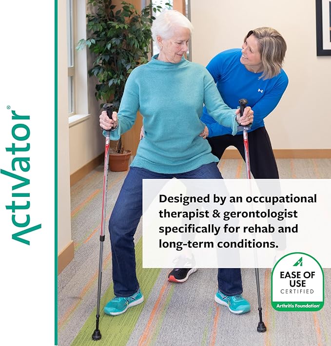 Urban Poling ACTIVATOR® Walking Poles for Balance and Rehabilitation – 1 Pair – Ergonomic CoreGrip™ Handles – Adjustable, Collapsible, and Lightweight for Stability and Recovery in Silver/Red