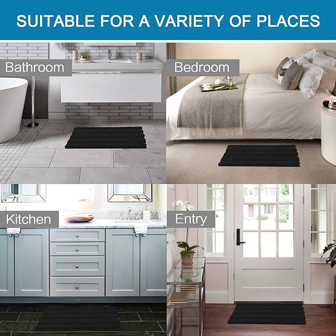 H.VERSAILTEX Bath Mats for Bathroom Non Slip Extra Thick Chenille Striped Bath Rug 24" x 36" Absorbent Non Skid Fluffy Soft Shaggy Rugs Washable Dry Fast Plush Mats for Indoor, Bath Room, Tub - Black