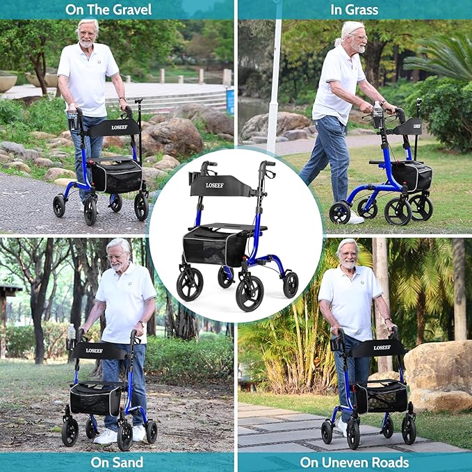 Foldable Rollator Walkers With Seat For Seniors, 10" Big Rubber Wheels All Terrain Rollator Walker With Adjustable Backrest And Handles, 350 Lb, Cup Holder, Lightweight 4 Wheel Walker For Seniors Blue