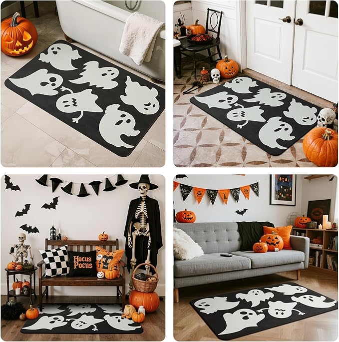 Halloween Bath Mat, Thin Halloween Bathroom Rug Non Slip Quick Dry Ghost Bath Mat Fits Under Door Thin Floor Mat Halloween Decor, 24''x36'', Ghosts Black