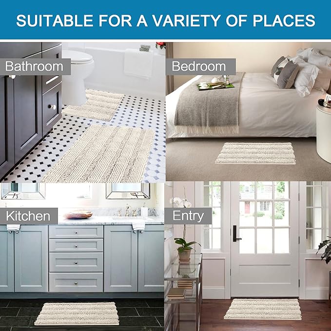 H.VERSAILTEX Bathroom Rugs Bath Rug Set 2 Piece Bathroom Contour Rug Toilet Mat Sets Non Slip Contour Bath Rug Ultra Thick Water Absorbent Striped Bath Mats Washable(20" x 32" Plus 20" x 20" U, Ivory)