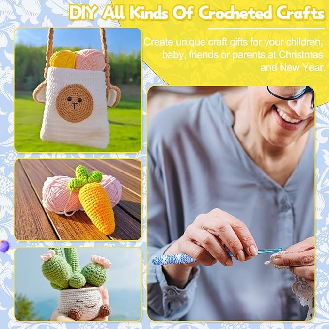 Coopay Warm Crochet Hooks Comfort Grip, Light Blue & White Porcelain Art Handle Crochet Set for Beginners, Longer Aluminum Shaft Crochet Hook Set 2.0mm-6.0mm, Smooth Crochet Needles Set for Crochet