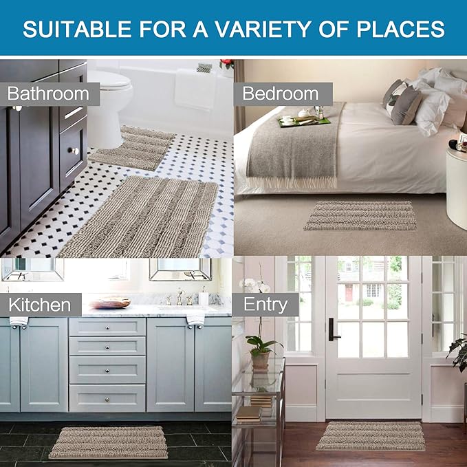 H.VERSAILTEX Bathroom Rugs Bath Rug Set 2 Piece Bathroom Contour Rug Toilet Mat Sets Non Slip Contour Bath Rug Ultra Thick Water Absorbent Striped Bath Mats Washable(20" x 32" Plus 20" x 20" U, Taupe)