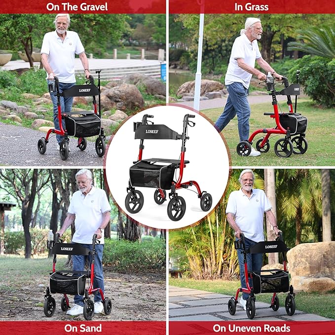 Foldable Rollator Walkers with Seat for Seniors, 10" Big Rubber Wheels All Terrain Rollator Walker with Adjustable Backrest and Handles, 350 Lb, Cup Holder, Lightweight 4 Wheel Walker for Seniors Red
