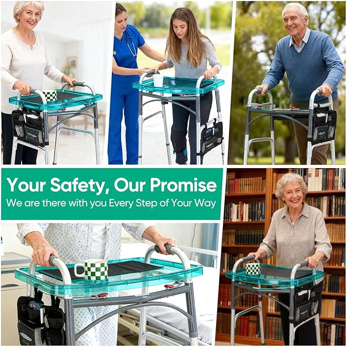 SoulThink® Full Transparency Walker Tray - Essential Walker Accessories Compatible with Most Walkers for Seniors, Walker Tray for Folding Walker with Utility Bag, Non-Slip Mat & Cup Holder (Green)