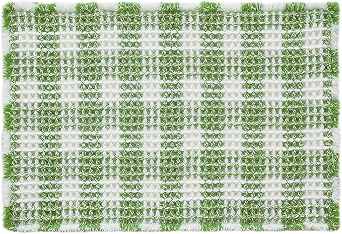 Waffle Bath Mat, Boho Bathroom Rugs Non Slip Washable Absorbent Checkered Bathroom Mat Quick Dry Cute Christmas Bath Mat, 30"x20" Green and White