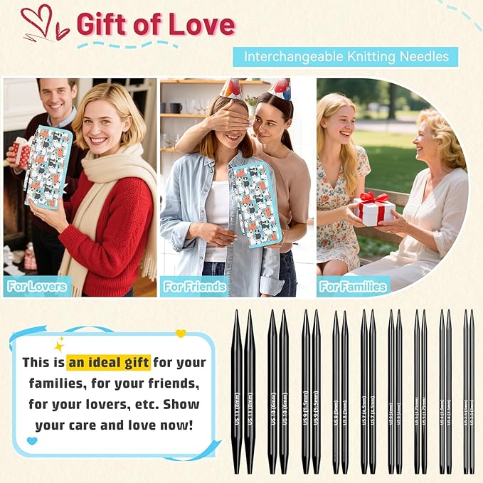 Aeelike Interchangeable Knitting Needles Set, 9 Pairs Circular Knitting Needles Aluminum (Size 3.0mm-8.0mm) with 4 Cables Accessories and Cute Storage Case for Socks Blankets Cushions, Ideal Gift
