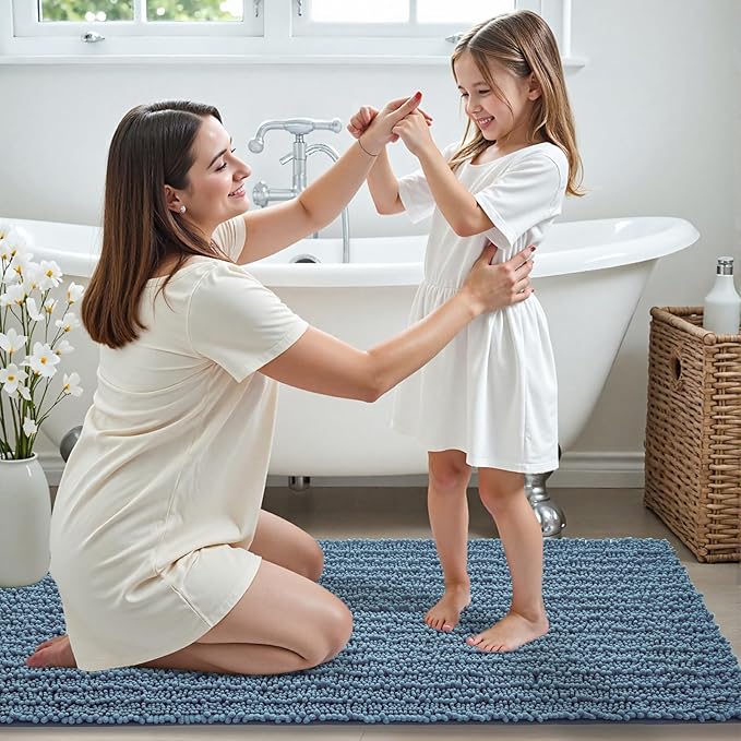 Small Bathroom Rug Non Slip Washable Blue Bath Mat 17x24 Super Absorbent Soft Bathroom Floor Mat Chenille Bath Rug for Shower Tub