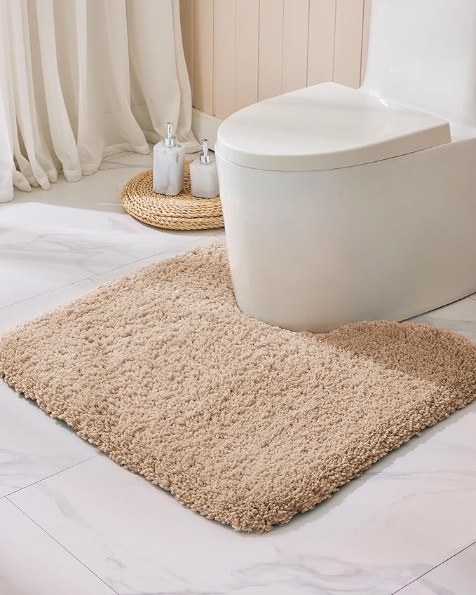 Beige Toilet Rug 22x24 Non Slip Fluffy Toilet Floor Mat U Shaped Washable Bathroom Contour Rug for Toilet Absorbent Thick Toilet Carpet
