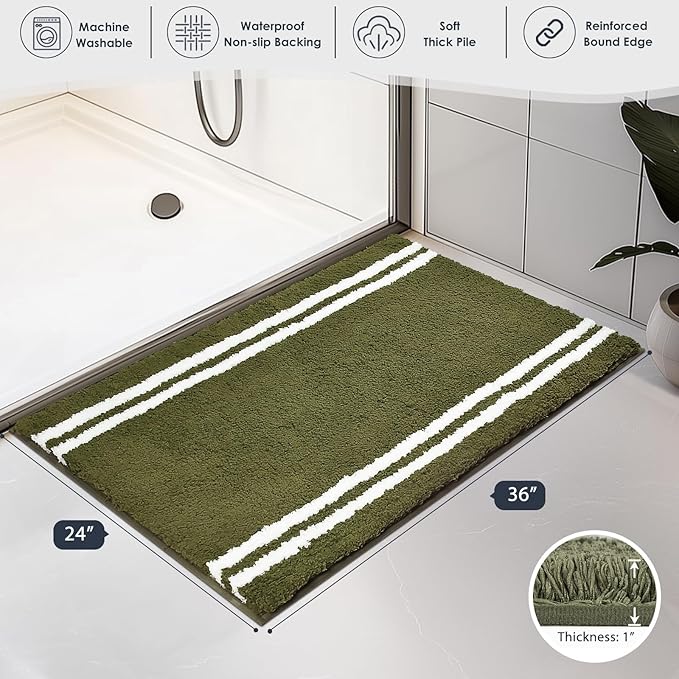 PURRUGS Bathroom Rug Non-Slip Machine Washable 24" x 36", Super Absorbent and Quick Dry Shaggy Microfiber Bath Mat, Extra Soft and Plush Bath Rug for Bathtub, Shower and Sink, Olive Green