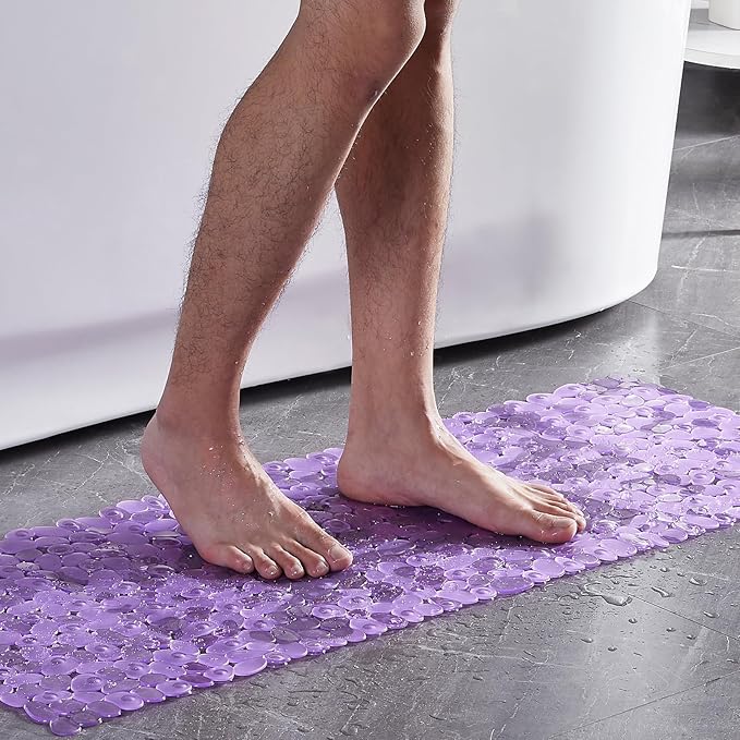 Bath Shower Mat Non Slip: Extra Large Pebble Bathtub mat for Families, Anti Slip Shower Matt with Drain Holes Suction Cups Tub Mat - 16 X 40 Inch Clear Purple