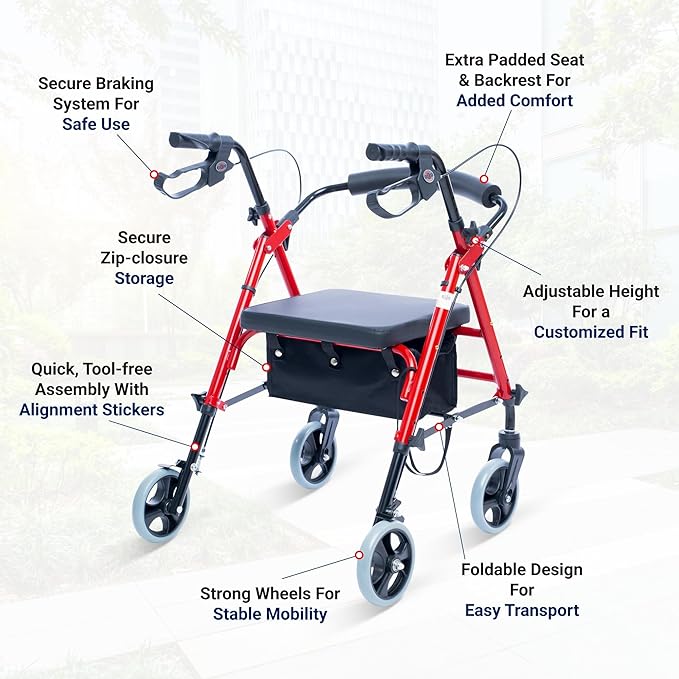Arrigo Rollator Walker with Large Cushioned Seat – Folding 4-Wheel Steel Rolling Walker with Brakes, Soft Backrest & Zippered Storage – Smooth Ride, Adjustable Height, Supports up to 350 lbs