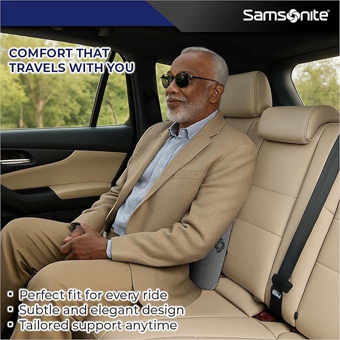 Samsonite Ergonomic Lumbar Pillow for Office Chair and Car Seat - Memory Foam Back Support Lumbar Pillow, Premium Cushion Chair Support for Lower Back Pain Relief and Versatile Use (Light Grey)