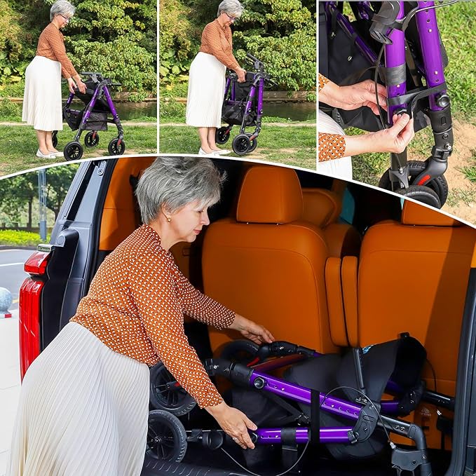 Heavy Duty Rollator Walker for Seniors with Seat, Foldable 2 in 1 Rolling Walkers Wheelchair Combo for Adult, All Terrain Wheels, Adjustable Transport Chair with Brake, 450 lb. Weight Capacity, Purple