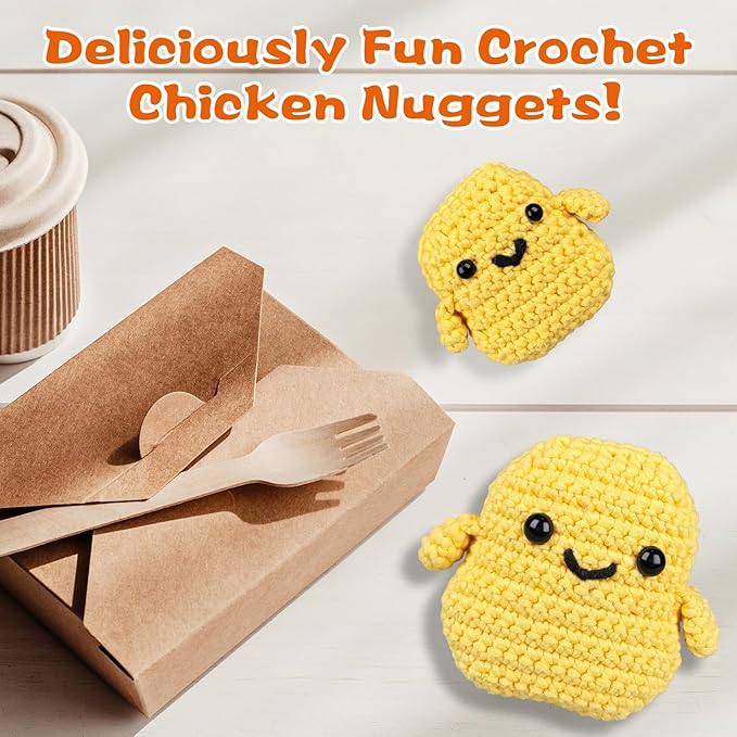 WaldyWop Crochet Kit for Beginners Kids: 2 PCS Easy Complete Knitting Kit with Step by Step Video & Written Tutorials, Soft Yarns (Extra 40%), Hook - Birthday Gift Set for Girls (Chicken Nuggets)