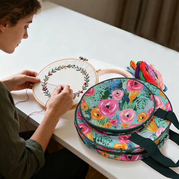 JLDTOP Round Embroidery Project Bag Embroidery Storage Organizer Cross Stitch Bag Floral for Floss, Hoops, Thread, Knitting Tools(Bag Only) (Green Floral)