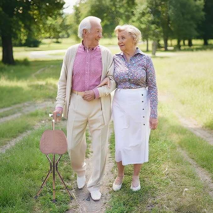 UNLICON-Brown Folding Cane Stool with Seat – Lightweight Adjustable Walking Cane for Seniors, Ergonomic Design, 330 lbs Capacity, Portable and Convenient Cane Chair with Anti-Slip Feet