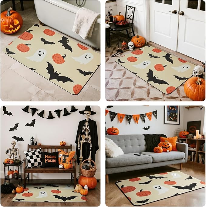 Halloween Bath Mat, Thin Bathroom Rug Non Slip Quick Dry Pumpkin Bath Mat Fits Under Door Thin Floor Mat Halloween Decor, 17''x30'', Pumpkins Bats and Ghost