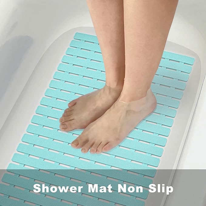 MBOSS Bath Tub Shower Mat Non Slip Bathtub Mats for Bathroom Shower Floor Mat Bath Mats for Shower Tub Anti Slip Shower Mat with Drain Hole and Large Suction Cups (Aqua Blue, 27.5 X 15.7 Inch)
