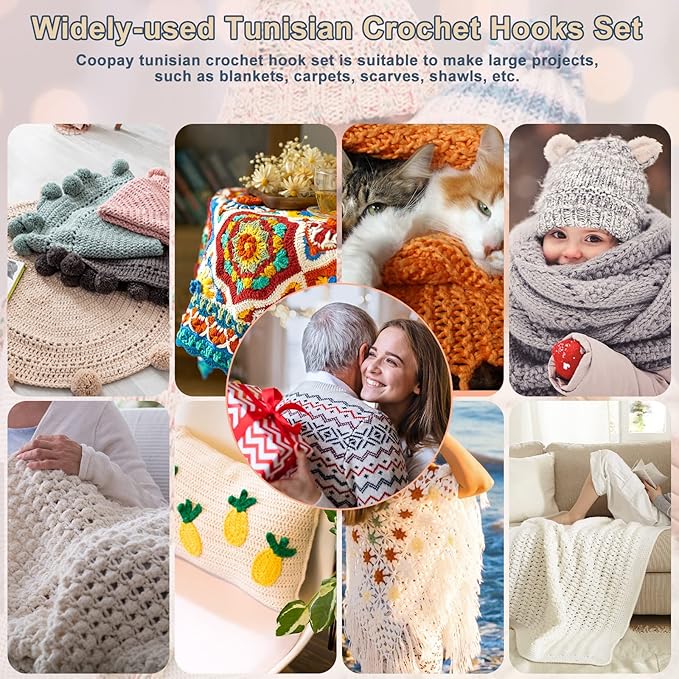 Coopay 23 PCS Tunisian Crochet Hooks Set Including 11 PCS 2.0-8.0mm Metal Long Crochet Hooks & 12 PCS 3.0-10.0mm Carbonized Bamboo Afghan Crochet Needles with Cable, Crochet Hook Set Extra Long