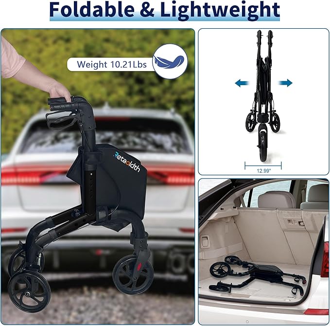 Premium 3 Wheel Rollator Walker for Seniors, Lightweight Foldable Elderly Three Wheeled Rollator with Storage Bag, Aluminum Mobility Aid Rolling Walker