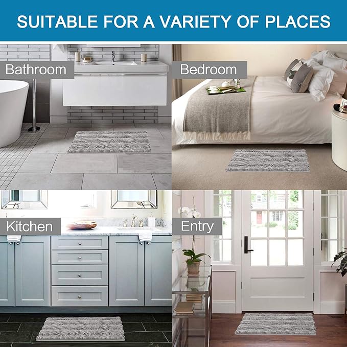 H.VERSAILTEX Bath Mats for Bathroom Non Slip Extra Thick Chenille Striped Bath Rug 24" x 36" Absorbent Non Skid Fluffy Soft Shaggy Rugs Washable Dry Fast Plush Mats for Indoor, Bath Room, Tub - Dove