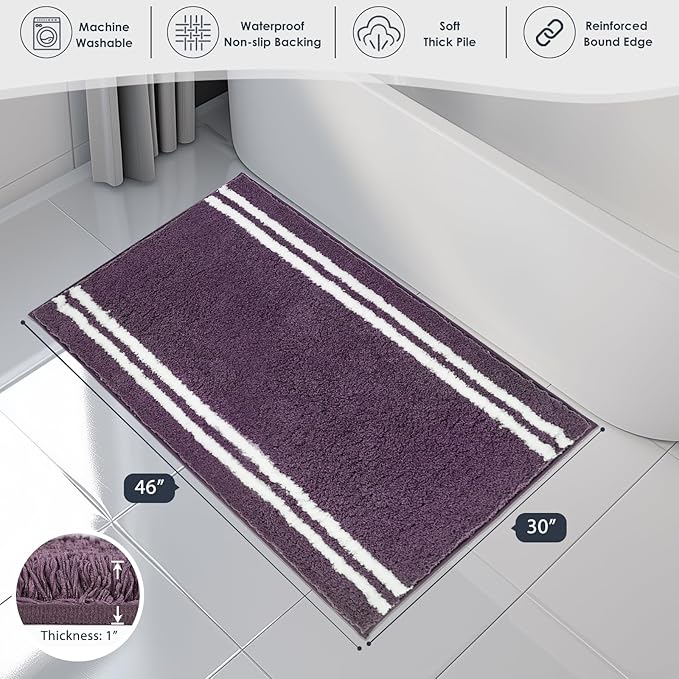PURRUGS Bathroom Rug Non-Slip Machine Washable 30" x 46", Super Absorbent and Quick Dry Shaggy Microfiber Bath Mat, Extra Soft and Plush Bath Rug for Bathtub, Shower and Sink, Purple