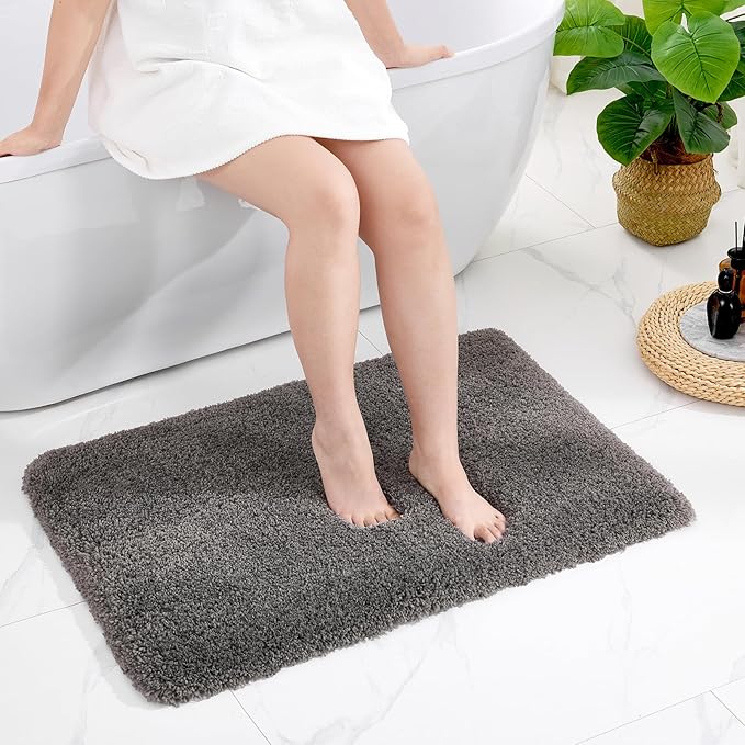 Small Bathroom Rugs 17x24 Non Slip Dark Grey Fluffy Bath Mat for Bathroom Floor Machine Washable Plush Luxury Bath Rug for Tub Soft Shaggy Absorbent Shower Mat