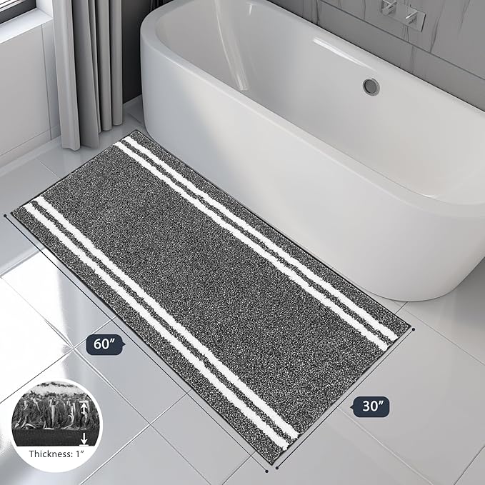 PURRUGS Bathroom Rug Non-Slip Machine Washable 30" x 60", Super Absorbent and Quick Dry Shaggy Microfiber Bath Mat, Extra Soft and Plush Bath Rug for Bathtub, Shower and Sink, Charcoal