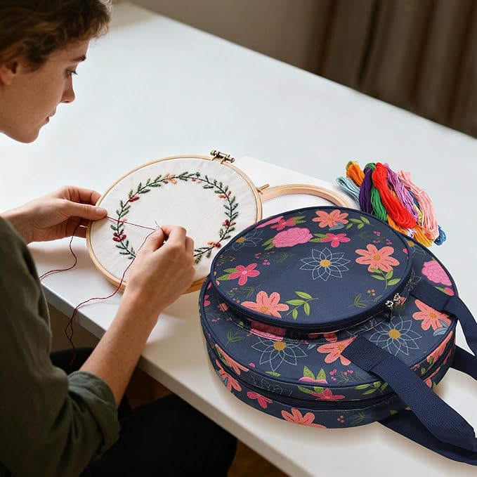 JLDTOP Round Embroidery Project Bag Embroidery Storage Organizer Cross Stitch Bag Floral for Floss, Hoops, Thread, Knitting Tools(Bag Only) (Blue Floral)