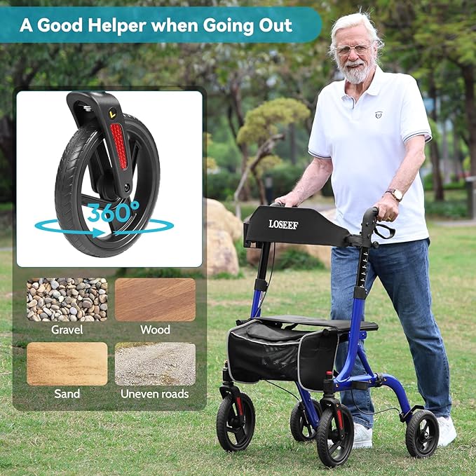 Rollator Walkers for Seniors, 10" Big Rubber Wheels All Terrain Rollator Walker with Adjustable Backrest and Handles, 350 Lbs, Cup Cane Holder, Foldable Lightweight Walker with Seat for Seniors Blue