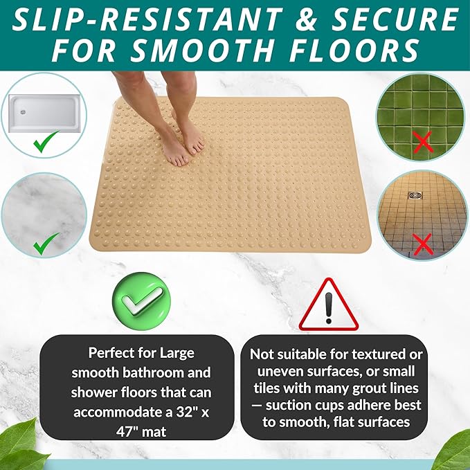 ENKOSI Extra Large Shower Mat Non Slip - 47 x 32 inch - XL Bathroom Shower Mat - Large Shower Mats for Shower Stall Floors - Secure Suction Cups and Drain Holes (47x32 Beige Opaque)