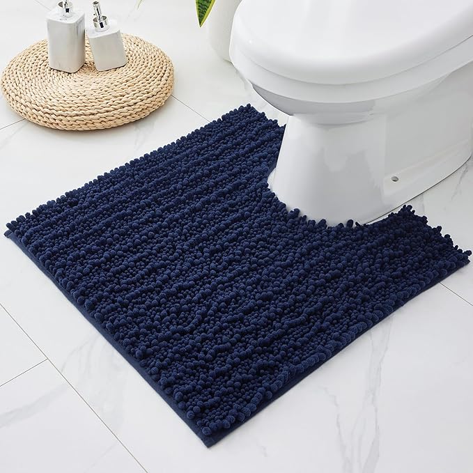 Toilet Rug 24x24 Non Slip Plush Bathroom Floor Mat U Shaped Washable Contour Rug for Toilet Absorbent Thick Foot Rug, Navy