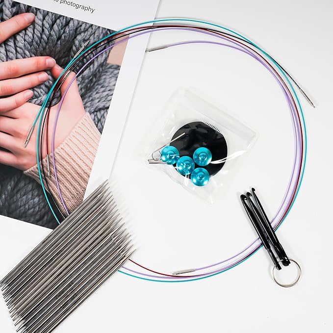 Froggod 5-Inch Aluminum Lace Interchangeable Circular Knitting Needle Set, Sizes US 0, 1, 2, 3, 4, 5, 6, 7, 8 Interchangeable Knitting Needles Lace-Tip with 4 Assorted Cables with Project Bag