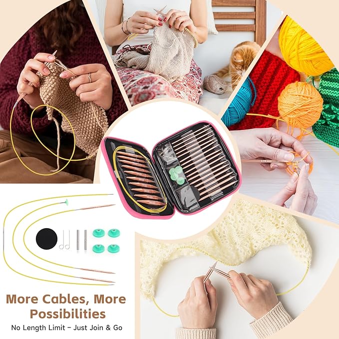 Interchangeable Circular Knitting Needles Set, 13 Pairs (26pcs) Rose Gold Aluminum Knitting Needles Kit, Sizes 3.0mm–10.0mm, Knitting Needle Case & Accessories for Knitting Beginners & Advanced