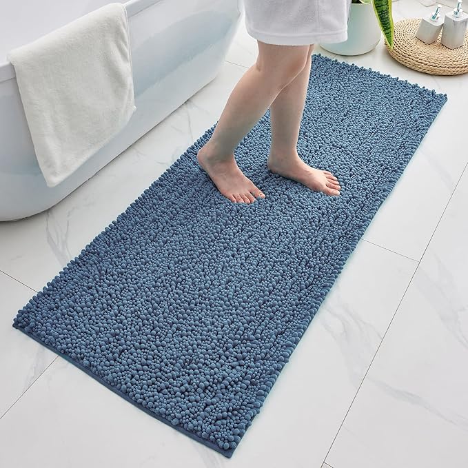 Non Slip Bathroom Rug Machine Washable Thick Blue Bath Mat 24x44 Soft Absorbent Bathroom Floor Mat Chenille Bath Rug for Shower Tub