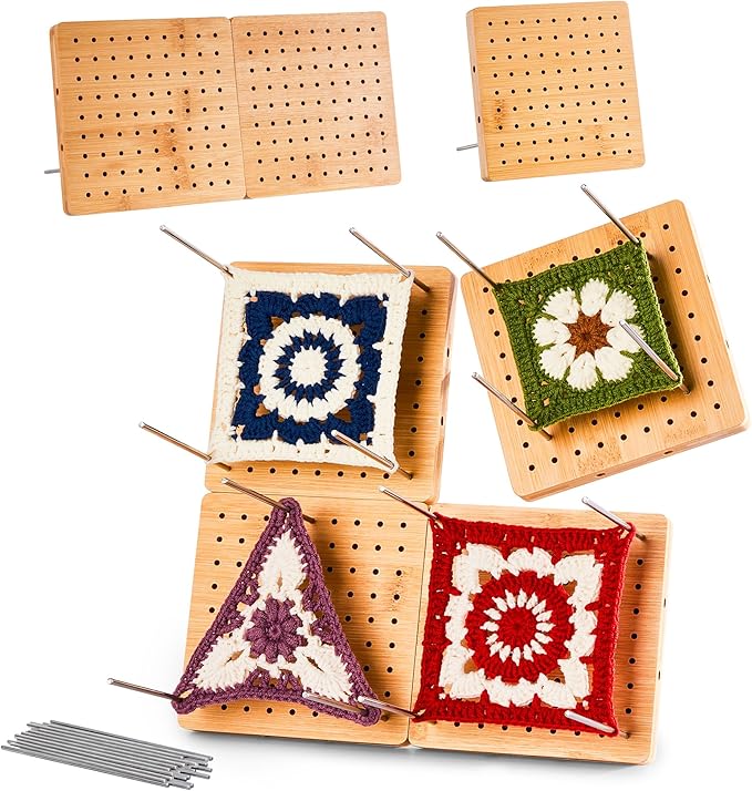 4-Pack 4.7" Crochet Blocking Boards with 25 Steel Pins Pegs, Assembles into 9.4" Standable Granny Square Blocking Board for Crochet Projects, for Crocheting and Knitting, 4 in 1 Gifts for Crocheter