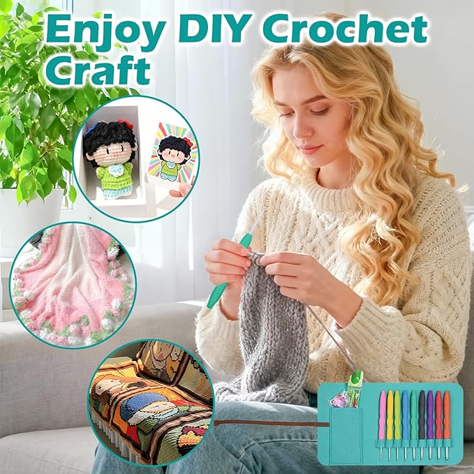 Lewhoo Crochet Hooks, 9 Size Ergonomic Crochet Hook Set with Roll Felt Case, Beginner Long Needle for Arthritic Hands, Size from 2.0mm-6.0mm/B-J