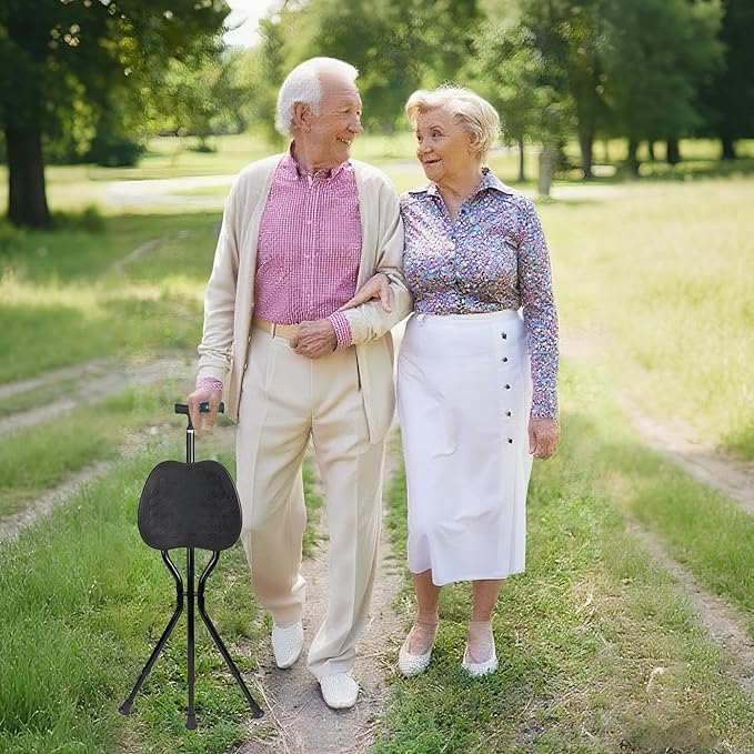 UNLICON-Brown Folding Cane Stool with Seat – Lightweight Adjustable Walking Cane for Seniors, Ergonomic Design, 330 lbs Capacity, Portable and Convenient Cane Chair with Anti-Slip Feet