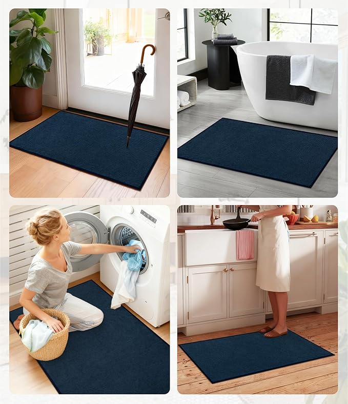 YIHOUSE Bathroom Rugs Mat 16x24, Non Slip Quick Dry Bath Mats for Bathroom Absorbent Ultra Thin Bath Rugs Machine Washable Fit Under Door for Sink, Cabinet, Laundry (Dark Blue, 16"x24")