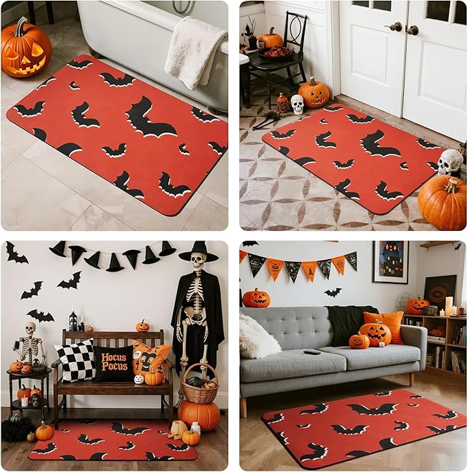 Halloween Bath Mat, Thin Halloween Bathroom Rug Non Slip Quick Dry Bat Bath Mat Fits Under Door Thin Floor Mat Halloween Decor, 24''x36'', Gothic Bats Orange