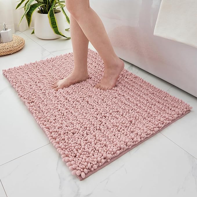 Non Slip Bathroom Rug Machine Washable Thick Pink Bath Mat 24x36 Soft Absorbent Bathroom Floor Mat Chenille Bath Rug for Shower Tub