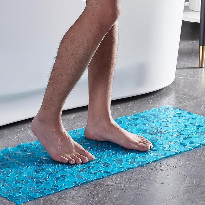 Bath Shower Mat Non Slip: Extra Large Pebble Bathtub mat for Families, Anti Slip Shower Matt with Drain Holes Suction Cups Tub Mat - 16 X 40 Inch Clear Green
