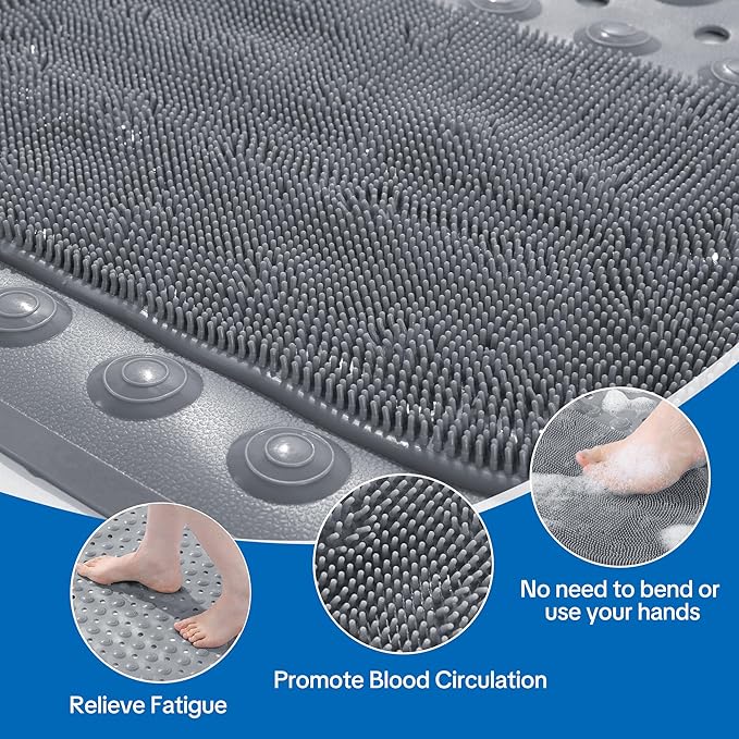 MABOZOO Non Slip Shower Mat, 48 * 31.5 Inch Extra Large Bathtub Mat with with Foot Scrubber, Bathmat with Antislip Suction Cups and Drain Holes for Bathroom Floor, Gray