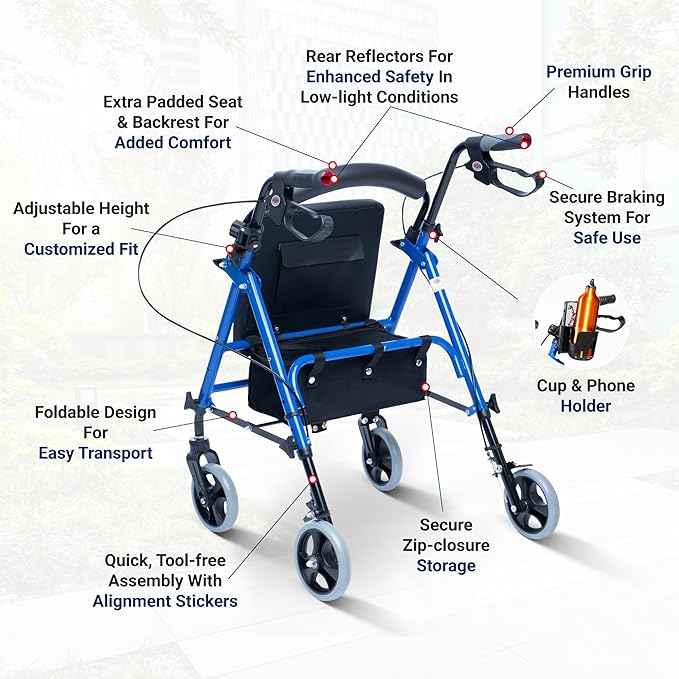 Arrigo Premium Rollator Walker with Large Cushioned Seat, Cup & Phone Holder and More – Folding, 4-Wheel Steel Rolling Walker with Brakes & Zippered Storage – Adjustable Height 350 lbs Capacity