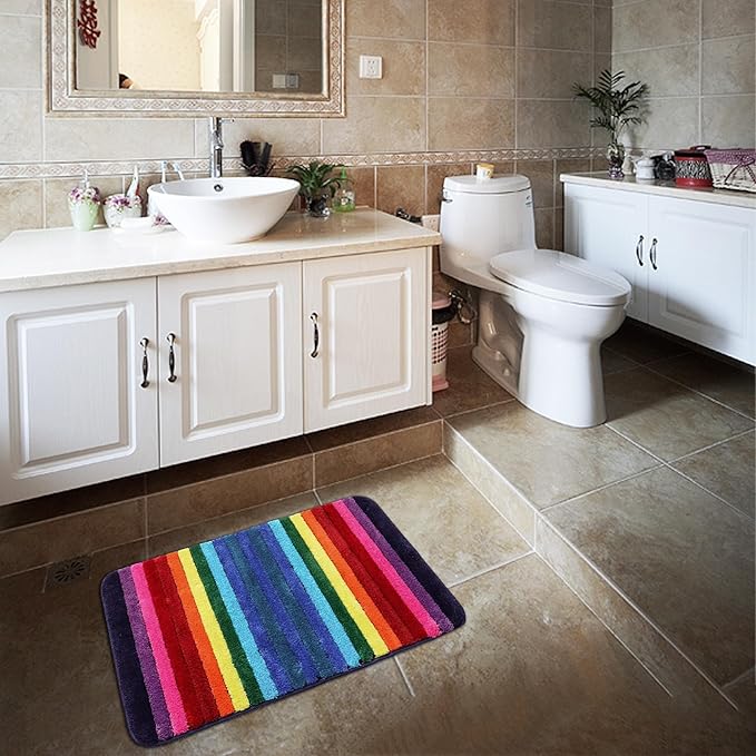 NIENLCIP Rainbow Bath Mat Colorful Striped Floor Bathroom Rugs Super Soft and Absorbent Microfiber Plush Bath Rugs with Non-Slip Backing for Bathroom Machine Washable 19"X27"